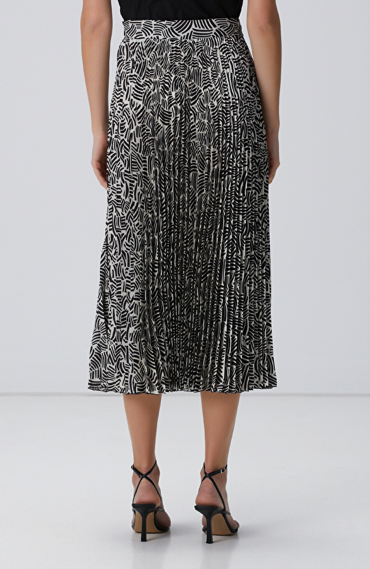 Kırık Beyaz Siyah Desenli Midi Etek