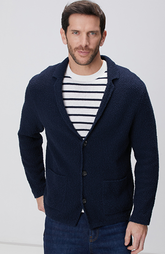 Lacivert Keten Karışımlı Triko Ceket