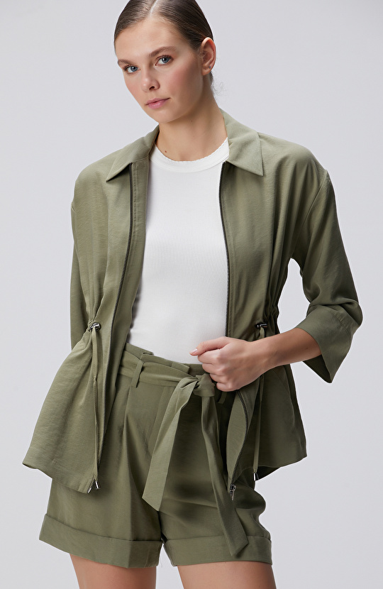 Haki Beli Büzgülü Ceket