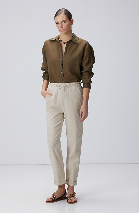 Naturel Keten Karışımlı Casual Pantolon