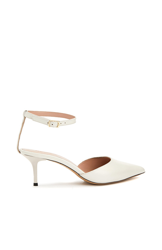 Krem Deri Topuklu Ayakkabı