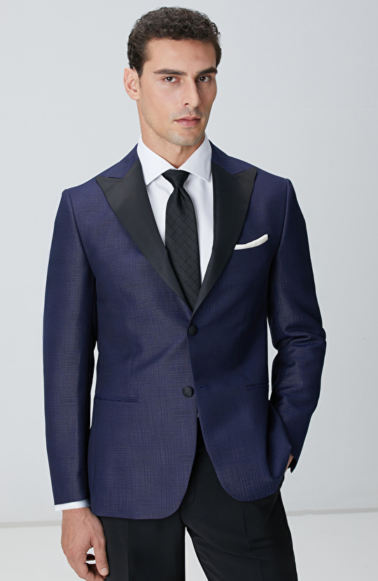 Lacivert Yün Karışımlı Smokin Ceket