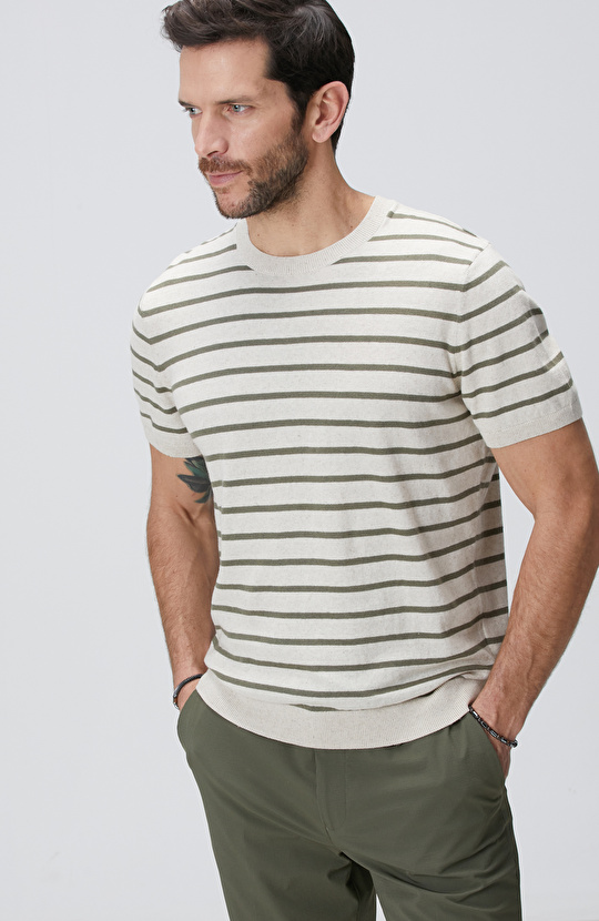 Haki Beyaz Keten Karışımlı Triko