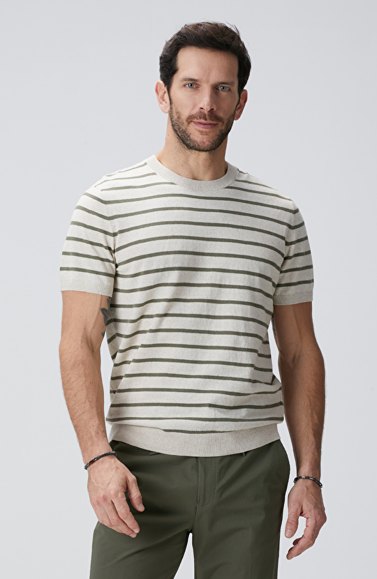 Haki Beyaz Keten Karışımlı Triko