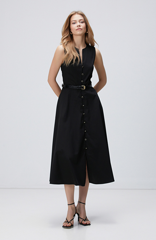 Siyah Midi Dokuma Elbise