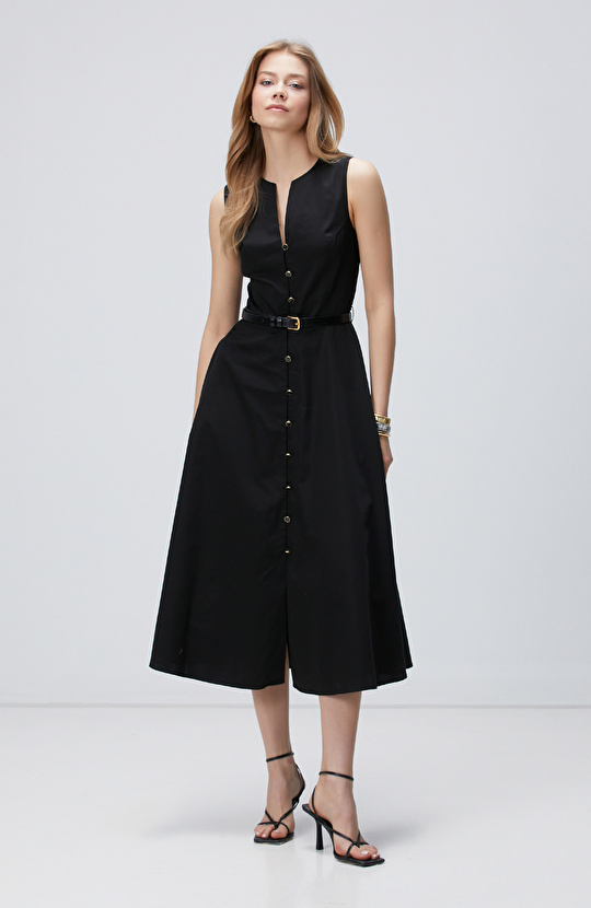 Siyah Midi Dokuma Elbise