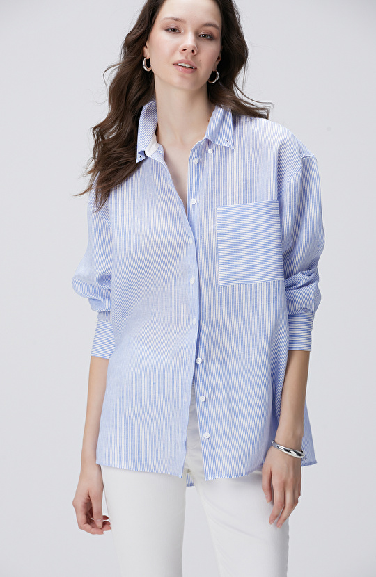 Mavi Beyaz Çizgili Keten Gömlek