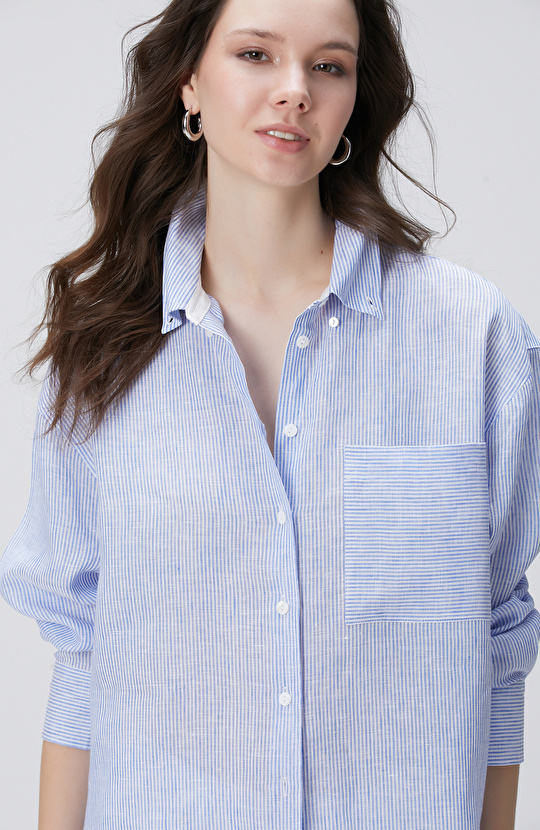 Mavi Beyaz Çizgili Keten Gömlek