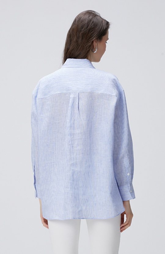 Mavi Beyaz Çizgili Keten Gömlek