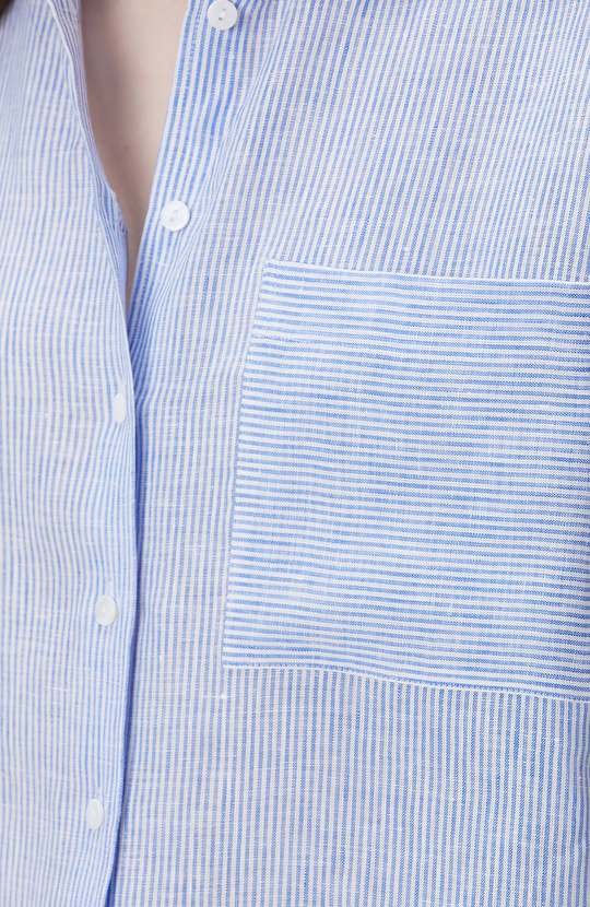 Mavi Beyaz Çizgili Keten Gömlek