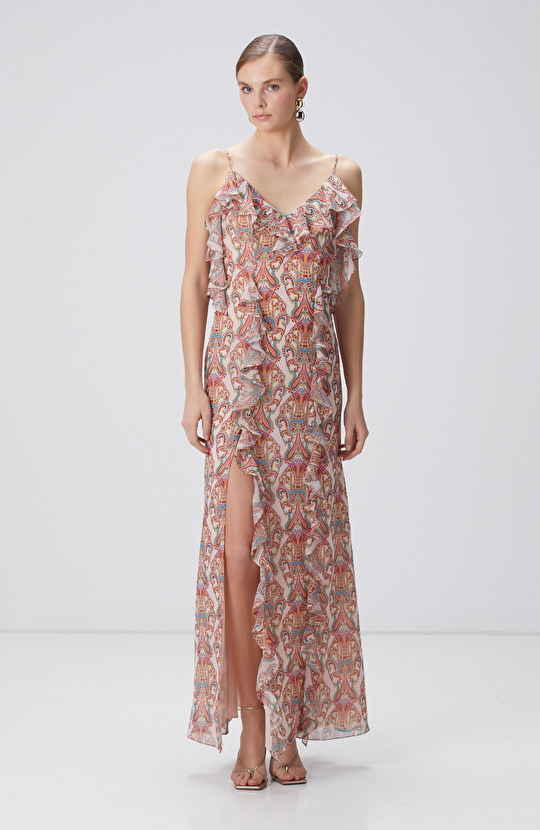 Renkli Desenli Maksi Abiye Elbise