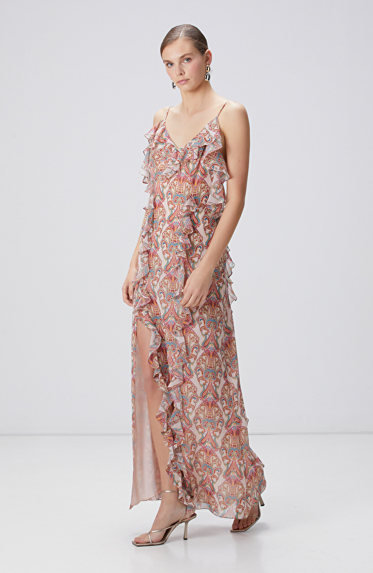 Renkli Desenli Maksi Abiye Elbise