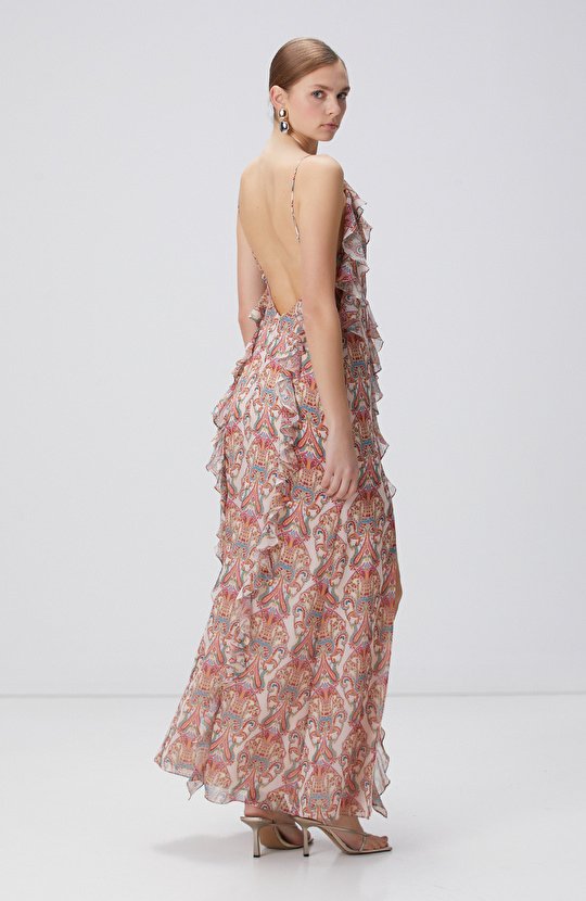 Renkli Desenli Maksi Abiye Elbise