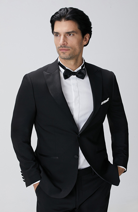 Siyah Yün Karışımlı Smokin Takım Elbise