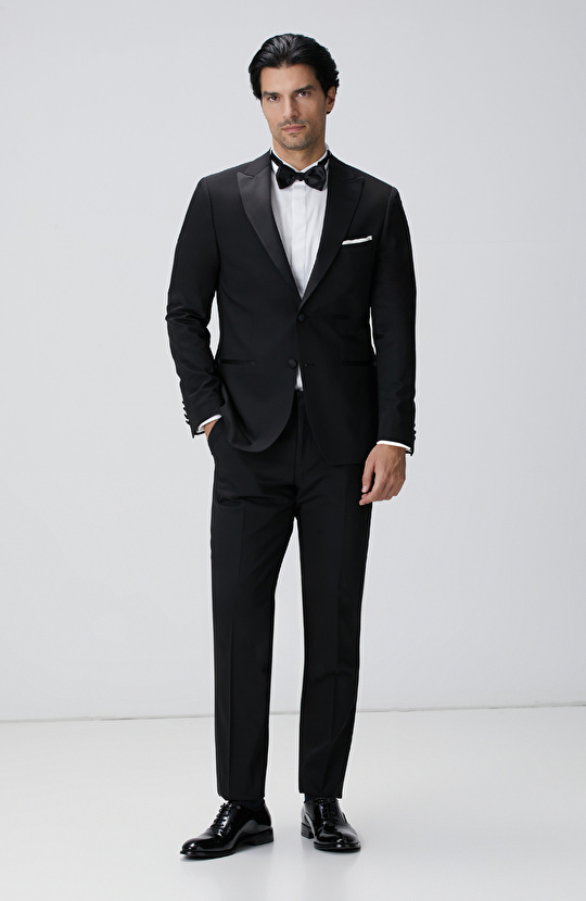 Siyah Yün Karışımlı Smokin Takım Elbise