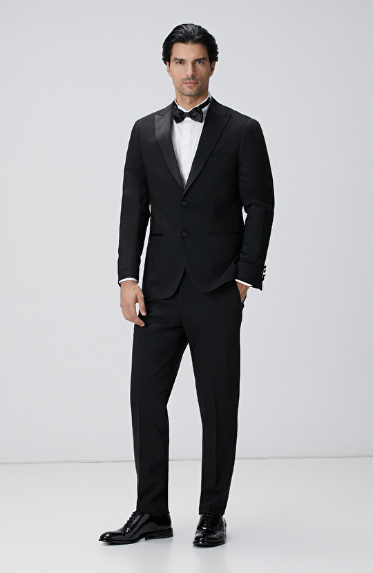 Siyah Yün Karışımlı Smokin Takım Elbise