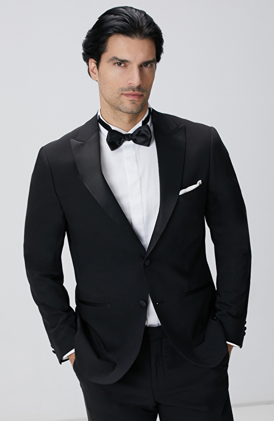 Siyah Yün Karışımlı Smokin Takım Elbise