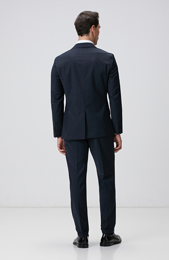 Lacivert Çizgi Desenli Yün Karışımlı Takım Elbise