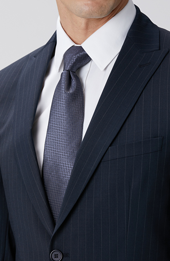 Lacivert Çizgi Desenli Yün Karışımlı Takım Elbise