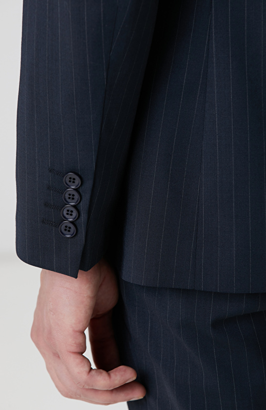 Lacivert Çizgi Desenli Yün Karışımlı Takım Elbise