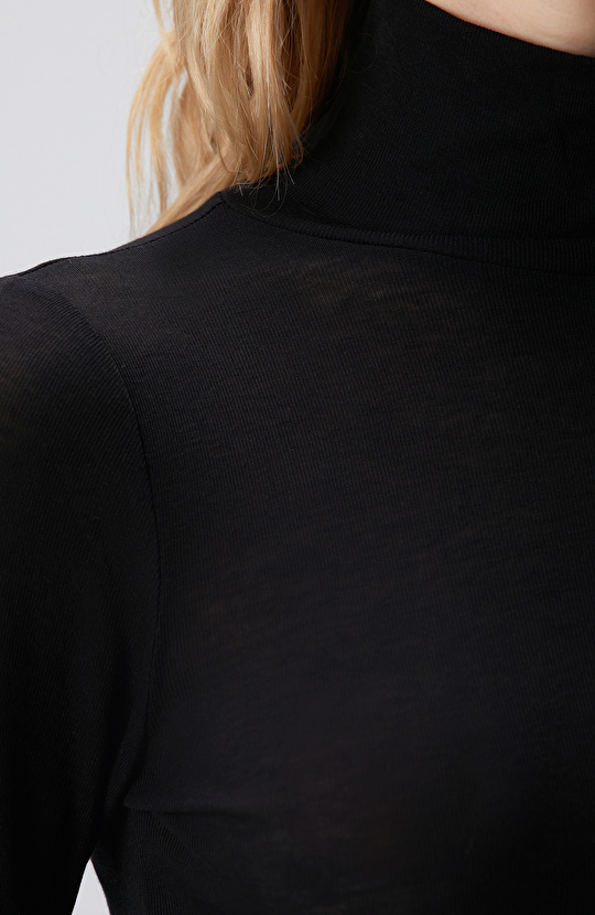 Siyah Yün Karışımlı Balıkçı Yaka Kazak