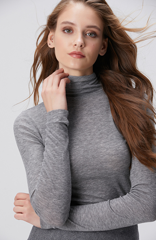 Gri Melanj Yün Karışımlı Balıkçı Yaka Kazak