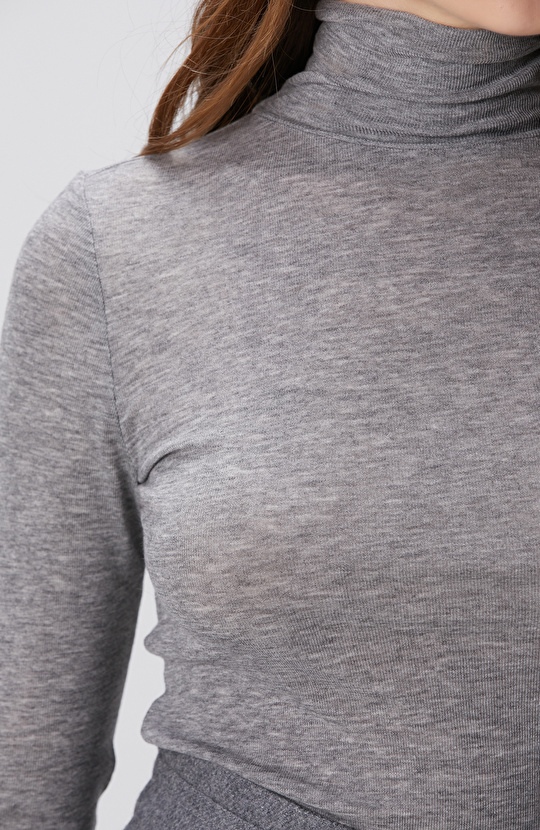 Gri Melanj Yün Karışımlı Balıkçı Yaka Kazak