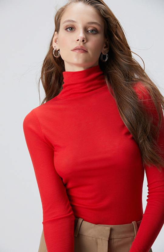 Kırmızı Yün Karışımlı Balıkçı Yaka Kazak