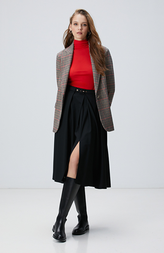 Kırmızı Yün Karışımlı Balıkçı Yaka Kazak