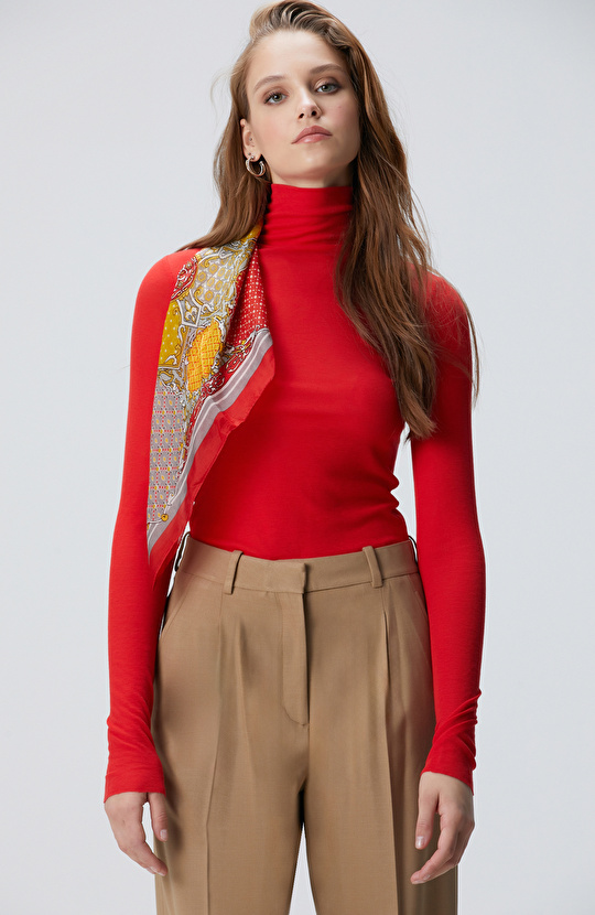 Kırmızı Yün Karışımlı Balıkçı Yaka Kazak