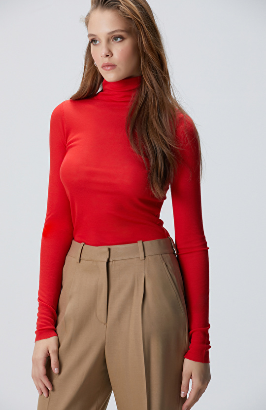 Kırmızı Yün Karışımlı Balıkçı Yaka Kazak