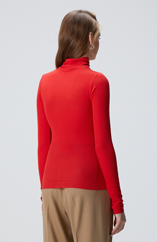 Kırmızı Yün Karışımlı Balıkçı Yaka Kazak