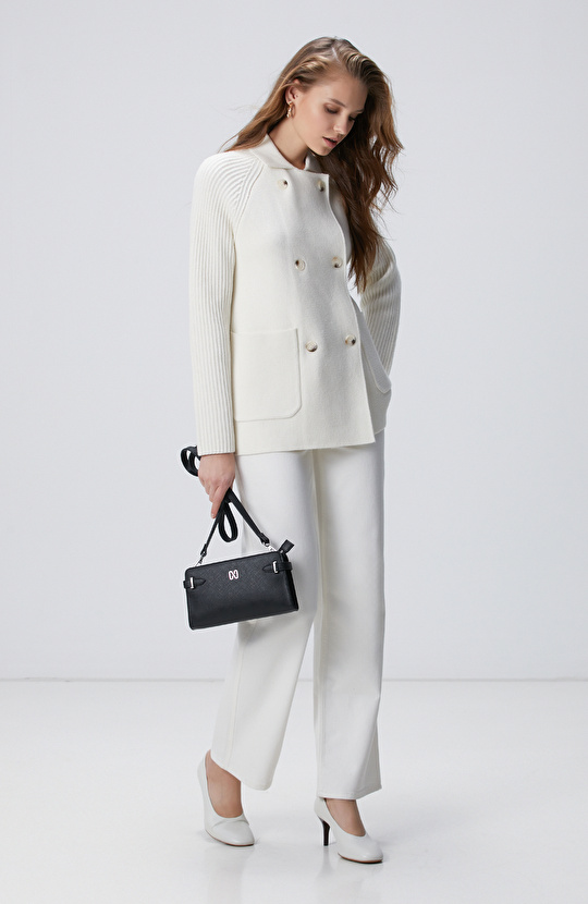 Kırık Beyaz Yün Karışımlı Triko Ceket