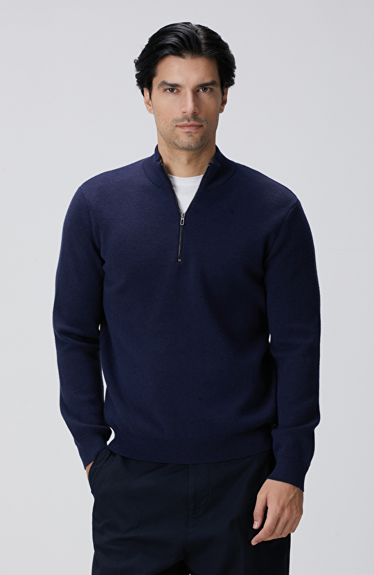 Lacivert Yakası Fermuarlı Triko Kazak