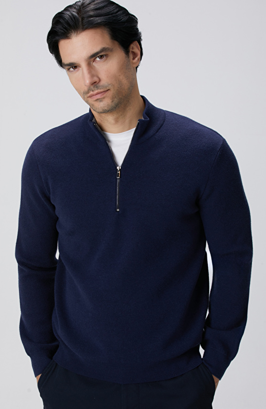 Lacivert Yakası Fermuarlı Triko Kazak