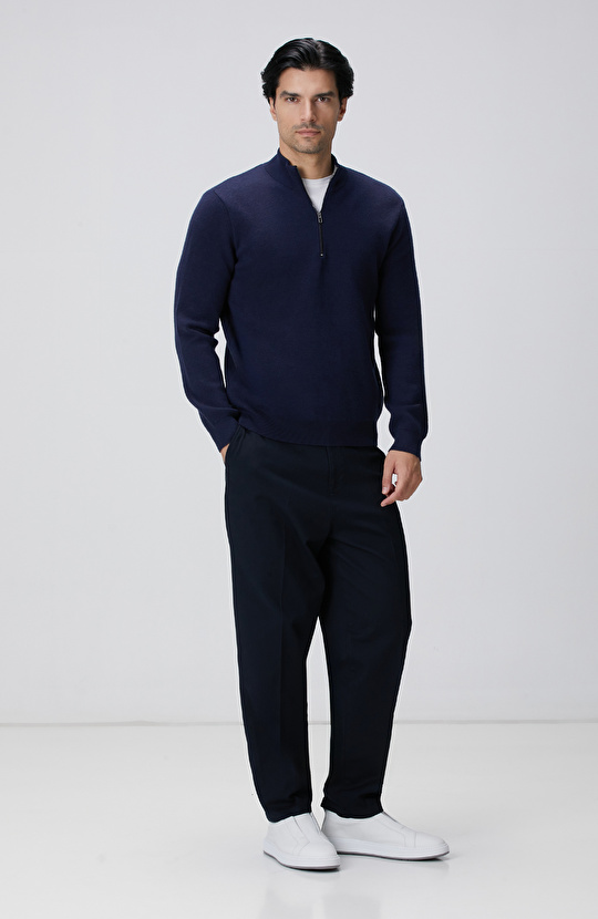 Lacivert Yakası Fermuarlı Triko Kazak