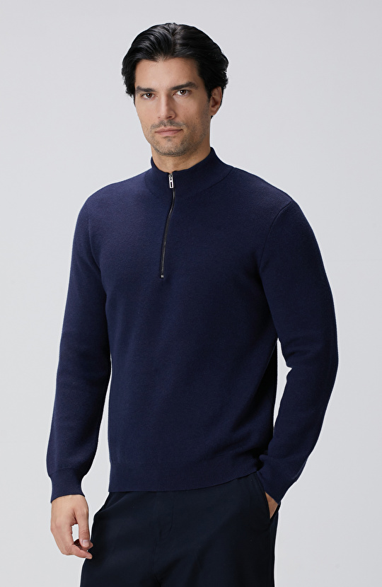 Lacivert Yakası Fermuarlı Triko Kazak