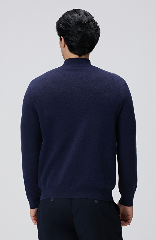 Lacivert Yakası Fermuarlı Triko Kazak