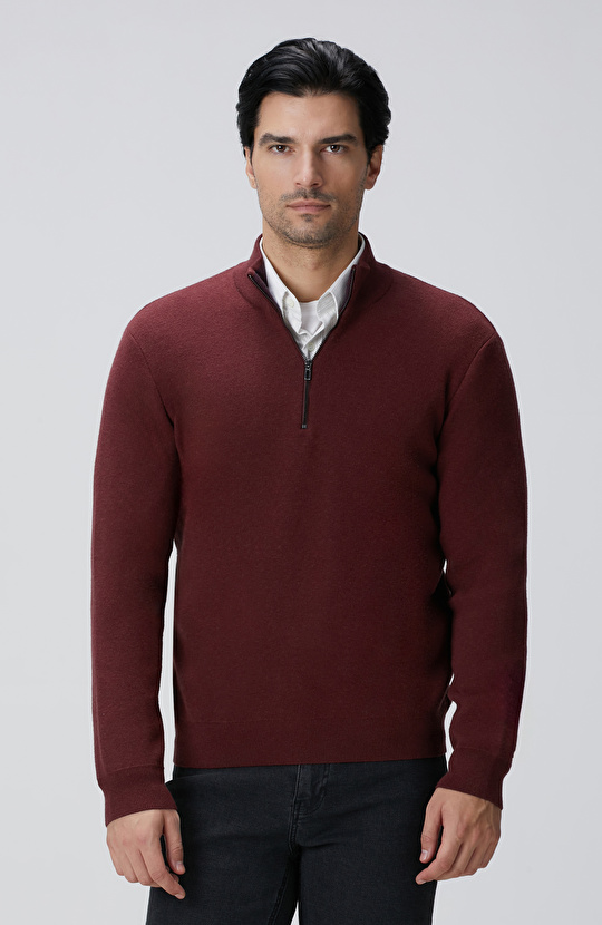 Bordo Yakası Fermuarlı Triko Kazak