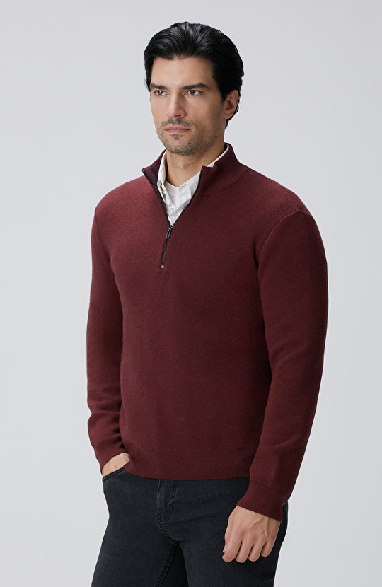 Bordo Yakası Fermuarlı Triko Kazak