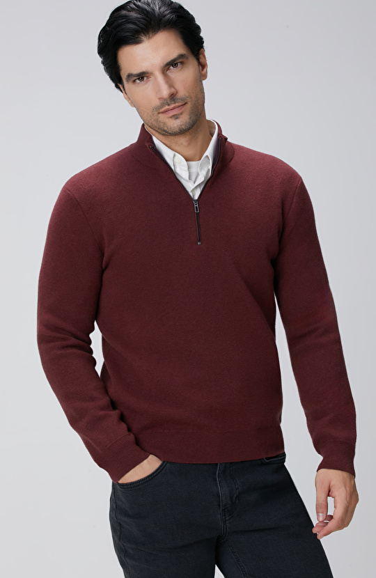 Bordo Yakası Fermuarlı Triko Kazak