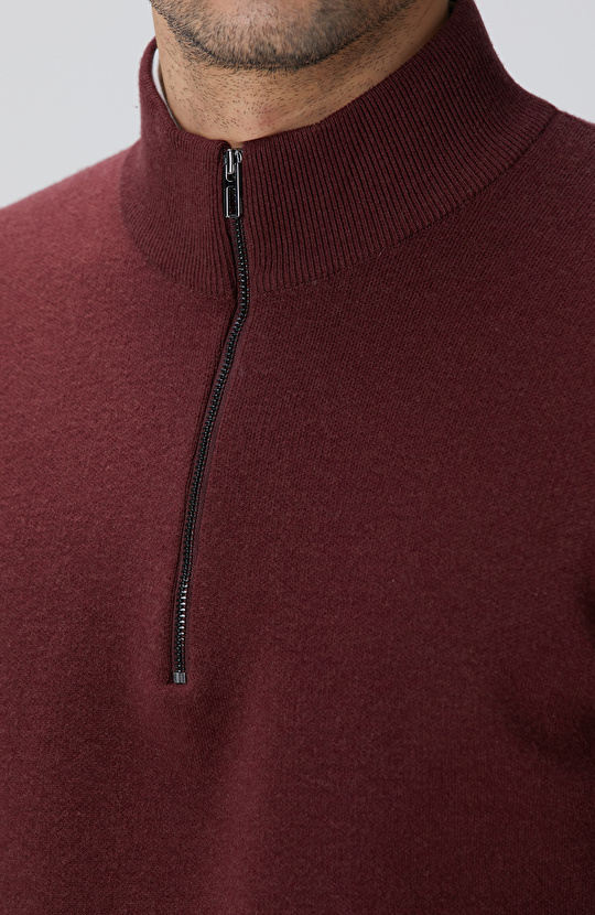 Bordo Yakası Fermuarlı Triko Kazak