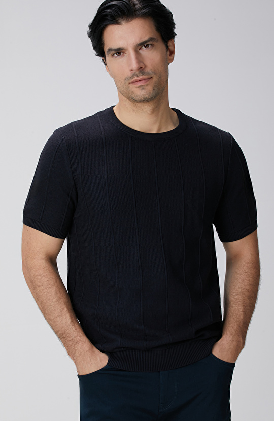 Lacivert Jakarlı Triko Kazak