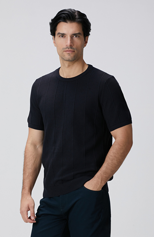 Lacivert Jakarlı Triko Kazak