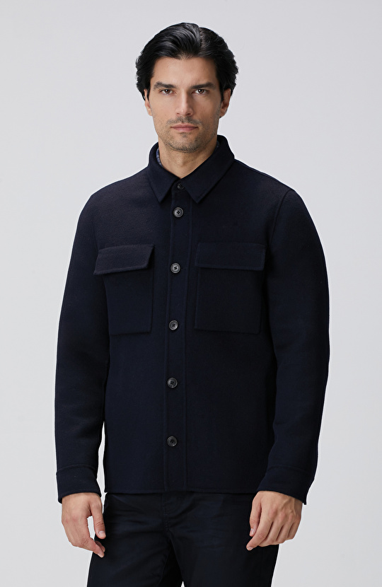 Lacivert Yün Karışımlı Handmade Mont