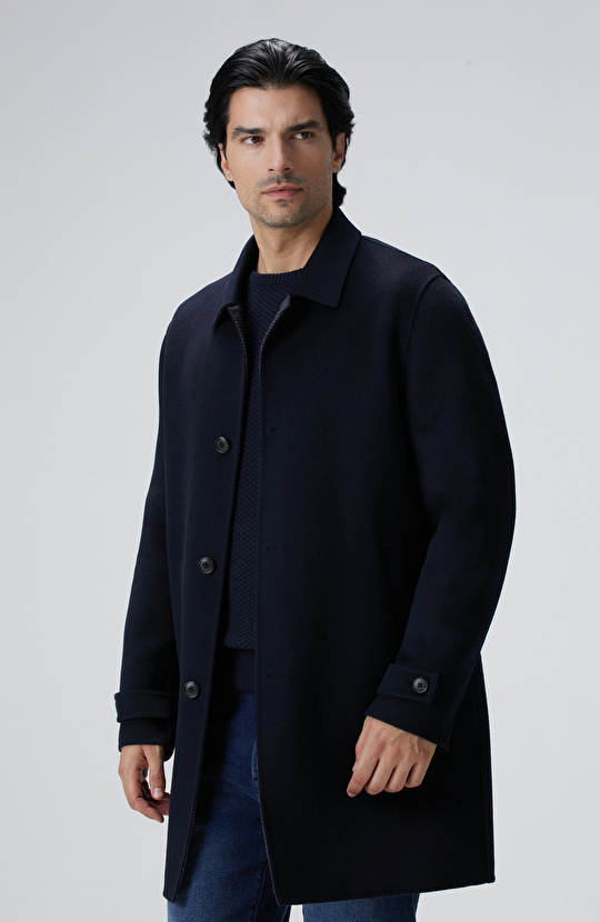 Lacivert Yün Karışımlı Dikişsiz Handmade Palto