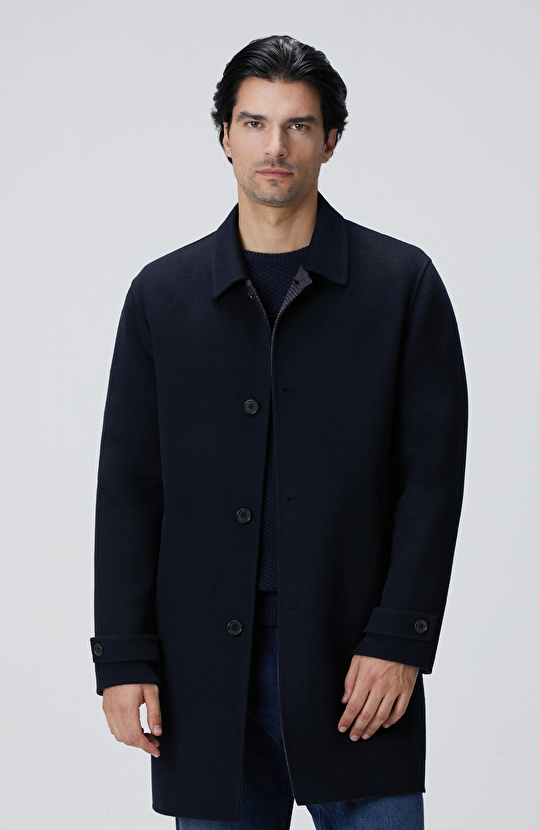 Lacivert Yün Karışımlı Dikişsiz Handmade Palto