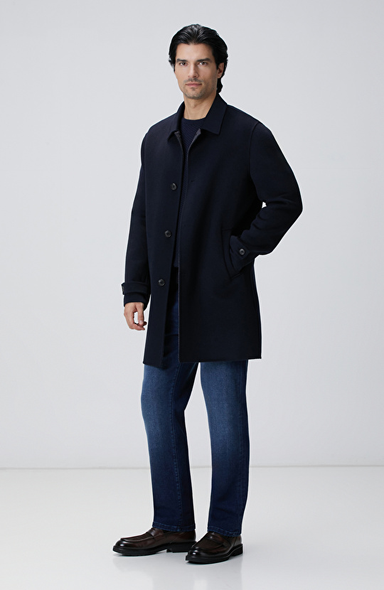Lacivert Yün Karışımlı Dikişsiz Handmade Palto