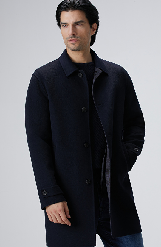 Lacivert Yün Karışımlı Dikişsiz Handmade Palto