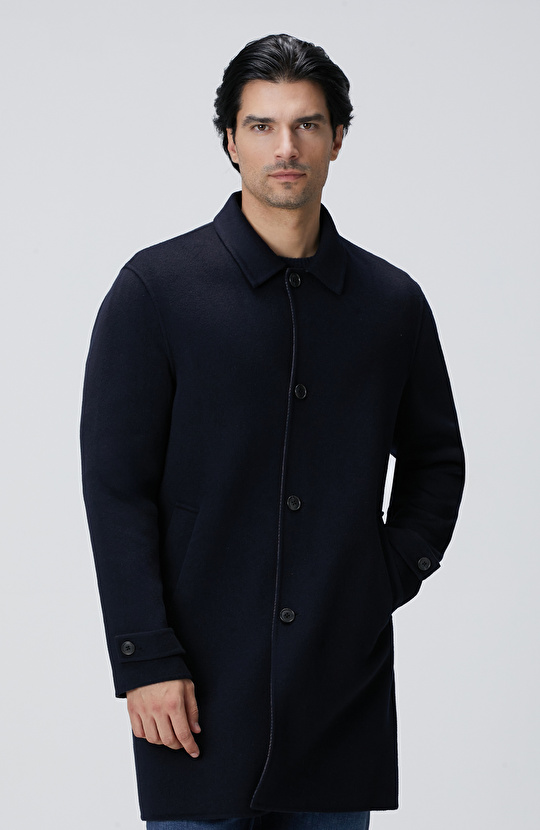 Lacivert Yün Karışımlı Dikişsiz Handmade Palto